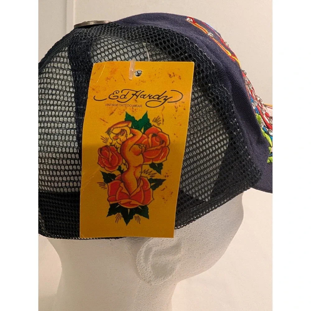 Ed Hardy Christian Audigier Vintage Trucker Hat Navy Rose Anchor Rhinestone NWT